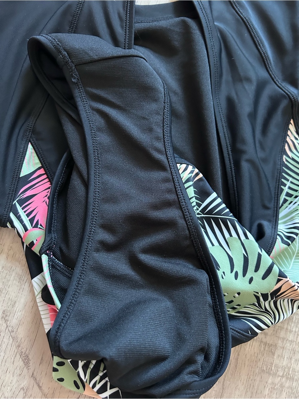 Black Long Sleeve One-Piece Swimsuit with Tropical Side Panels scoop back modest - Picture 7 of 8